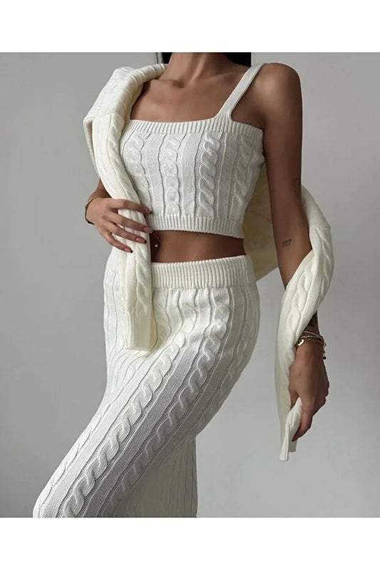 Örgü Detaylı Etek Hırka Crop Üçlü Triko Takım