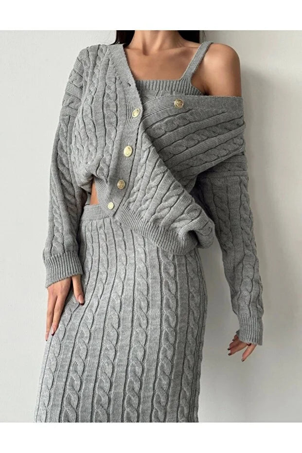 Örgü Detaylı Etek Hırka Crop Üçlü Triko Takım