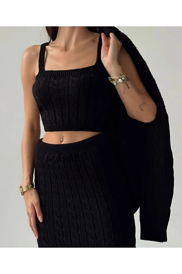 Örgü Detaylı Etek Hırka Crop Üçlü Triko Takım