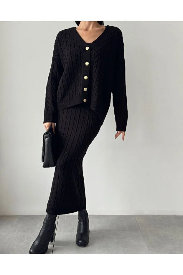 Örgü Detaylı Etek Hırka Crop Üçlü Triko Takım