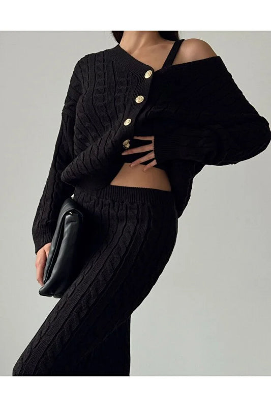 Örgü Detaylı Etek Hırka Crop Üçlü Triko Takım